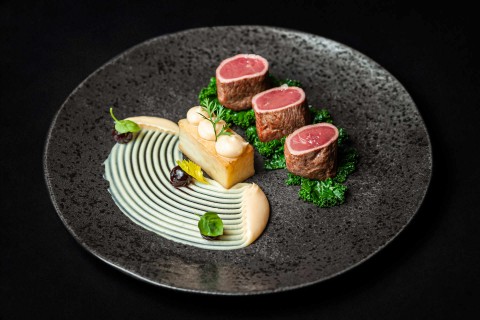 Srnčí filet, bramborový fondant, pastinák, kadeřávek, omáčka z višní