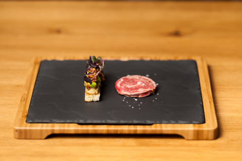 Wagyu beef flank steak, artichokes with caramelized garlic, fave beans with pancetta