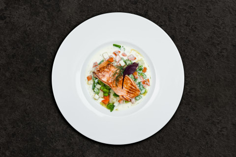Baked salmon, vegetable ragout, Riesling sauce with dill