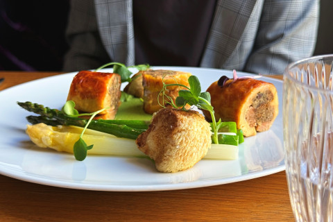 Rolled farm chicken, Lion’s Mane, asparagus, green pea, dijon sauce