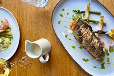 Seabass fillet, asparagus with tomato concassé, Limoncello-lemon sauce