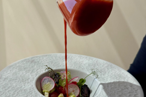 Gazpacho, tataráček z grilovaného Halloumi, pečených rajčat a vodního melounu