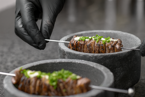 Australian wagyu grilled skewer, bohdaneč pancetta, vegetable salsa, smoked corn espuma, roasted garlic mayo