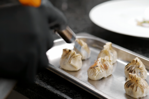 Gyoza dumplings with farm range chicken, mushooms, vegetable, ponzu with yuzu