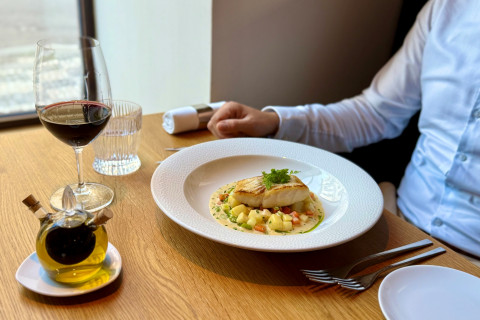 Atlantic cod fillet, stewed vegetable, truffle emulsion