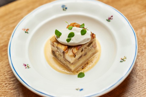 The First Republic Menu - Pear bread pudding with sour crème and wine blancmange