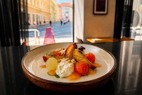 Burrata, marinovaný meloun, broskve, pínie