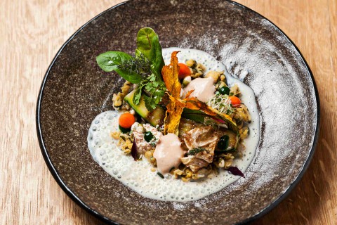 Tamarindové tofu, cuketová placka, restované savojské zelí s citrónovým tymiánem, kokosovo-cizrnový krém