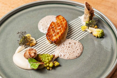 Restovaná kachní játra foie gras, jarní závitek s kachním konfitem, květákové pyré, čočková pěna s lanýžem