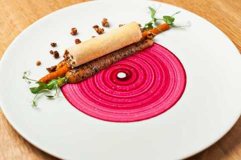 Cannelloni with goat cheese, roasted vegetables espuma, baked carrot