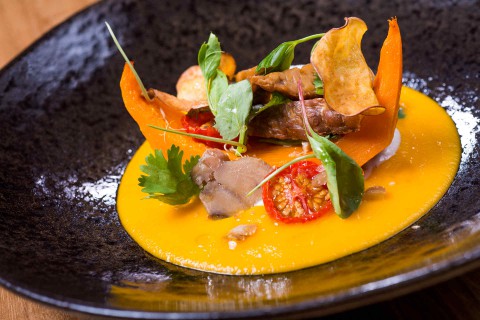Hokkaido pumpkin, carrot crème with lemon grass, soya yogurt with cardamom, fried tempeh