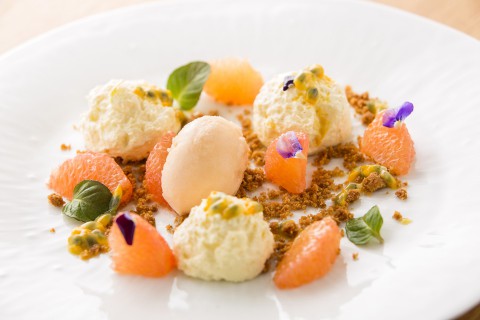 „Portfolio cheesecake“ marakuja, sorbet z krvavých pomerančů, grep